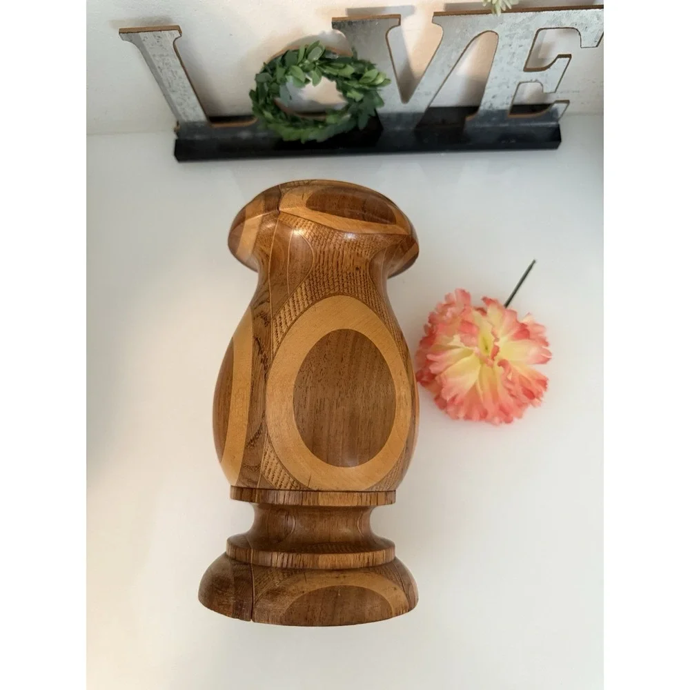 Hand Crafted Inlaid Lathe Turned Wood Vase or Candle Holder Hand Made 7.5